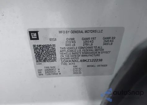 2019 GMC Acadia Sle-1 из США, поврежденный, VIN 1GKKNKLA9KZ122238